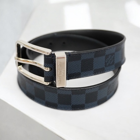 Louis Vuitton Blue and Silver Belt with Checkered Pattern